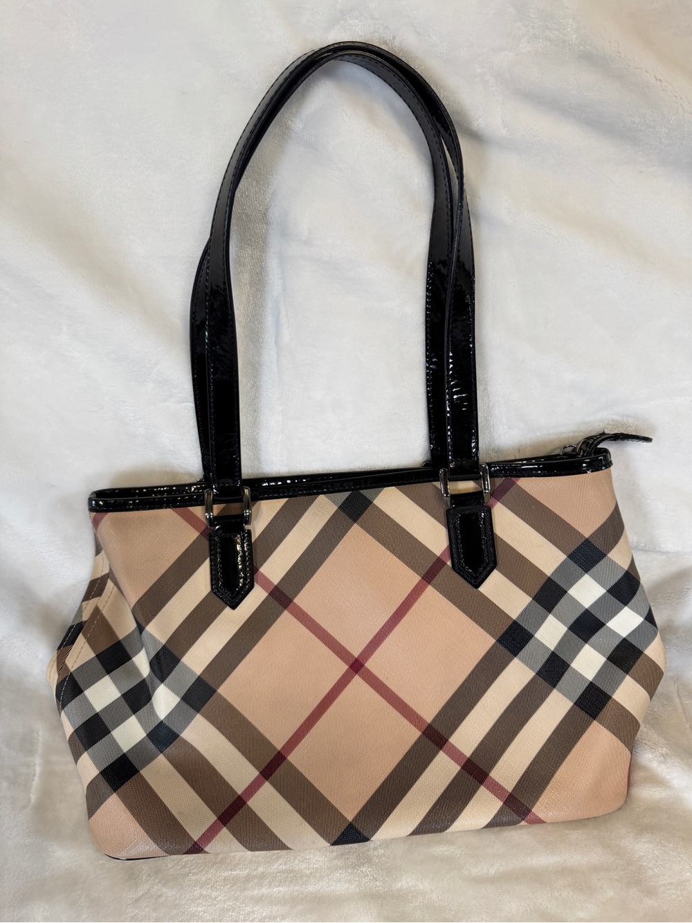 Classic  Burberry Super Nova Plaid Tote Bag with Black Patent Trim